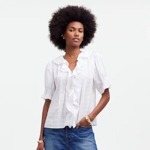 Ruffle Puff-Sleeve Peplum Top in Windowpane